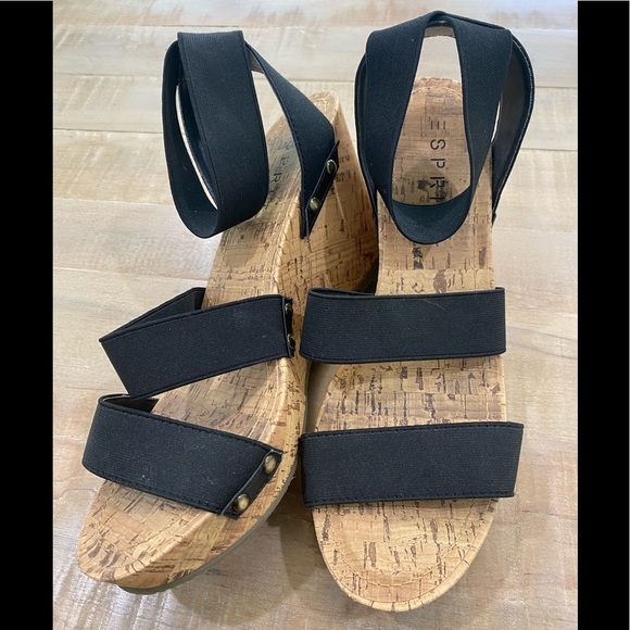 ESPIRIT black espadrille platform slide on wedge cork heel shoes - Picture 5 of 12